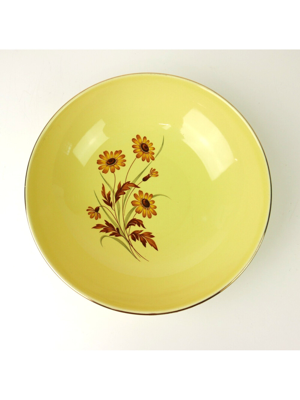 Vintage Taylor Smith Taylor Yellow Daisy Versatile 9" Serving Bowl Gold Rim MCM